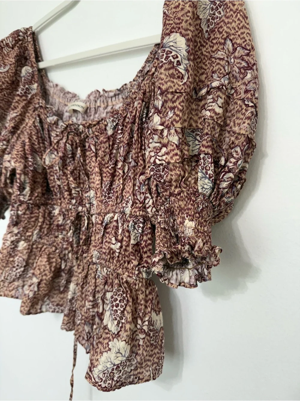 Ulla Johnson Floral Smocked Peplum Puff-Sleeve Top in Dusty Pink